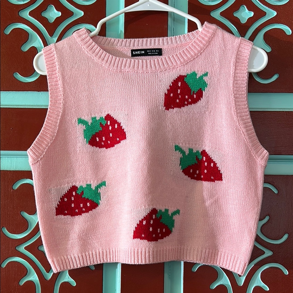SHEIN Pink Knit Tank with Strawberry Pattern